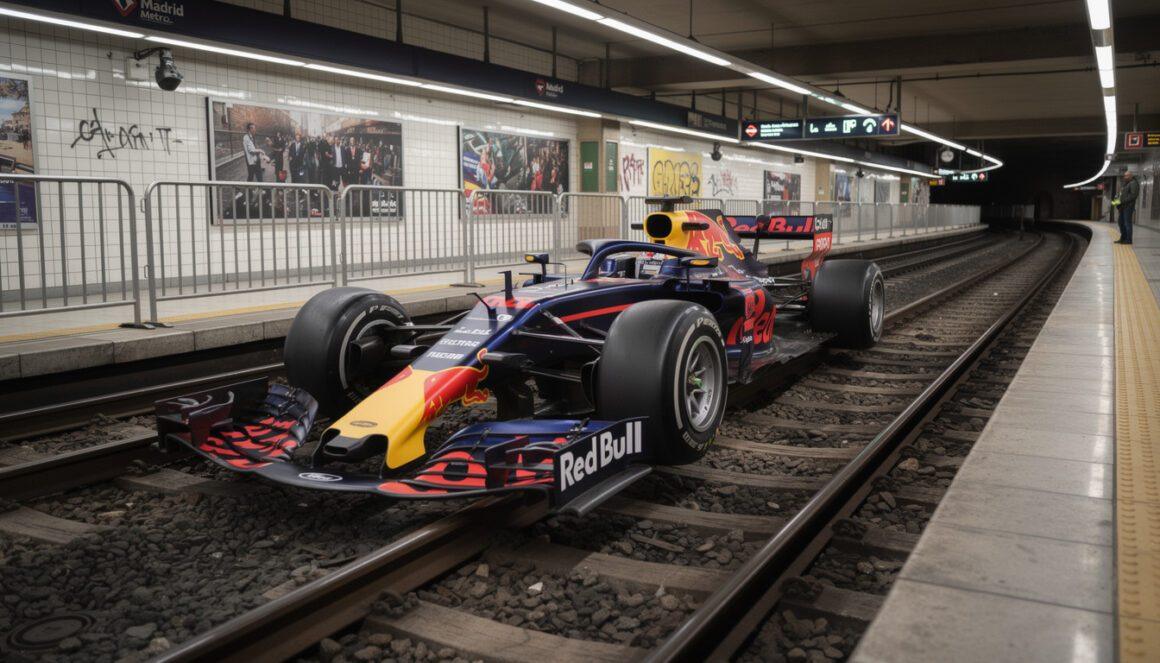 a red bull f1 car was unexpectedly spotted on madrid railway tracks, causing amusement and disbelief among fans who reacted with humor and surprise.